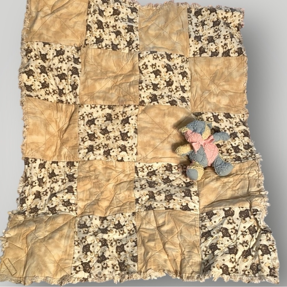 🎁NWT 𝑯𝒂𝒏𝒅𝒎𝒂𝒅𝒆 Baby Rag Quilt Blanket MONKEYS OOAK - Picture 8 of 9